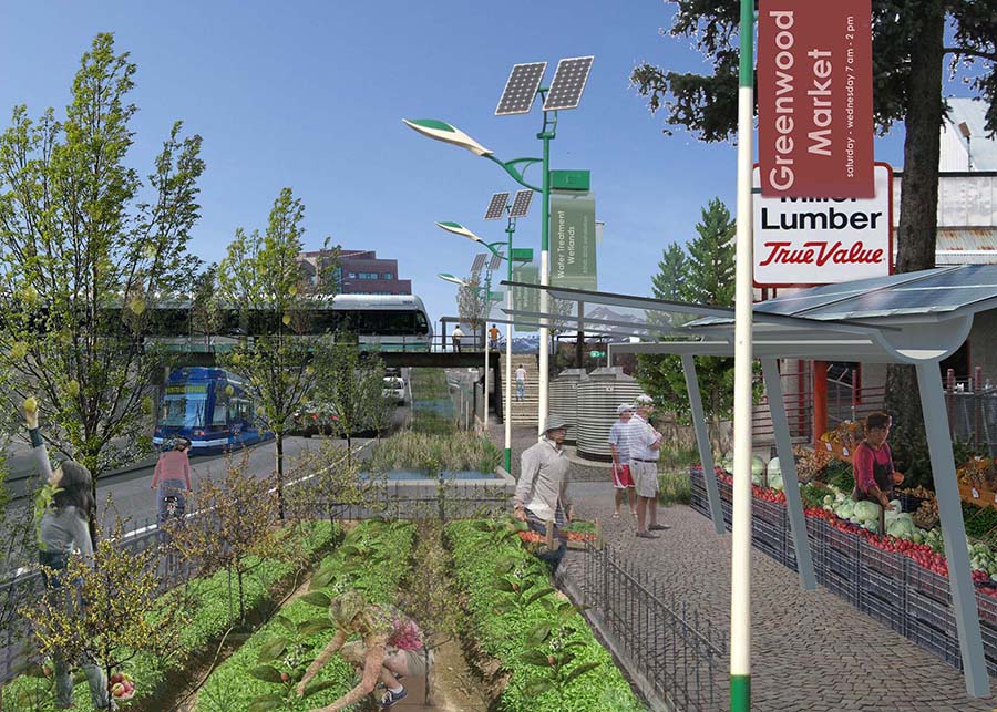 Public gardens and a farmers market shown in the foreground of this digital rendering, behind them a monorail travels across the cityscape